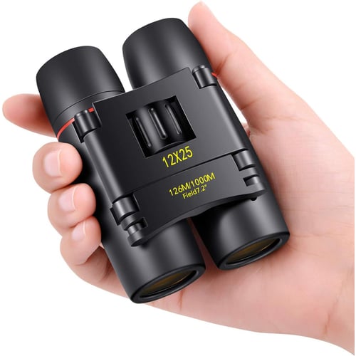 POLDR 12X25 compact pocket binoculars in hand