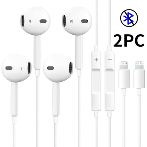 Two-pack iPhone earbuds showing Lightning connector and inline remote