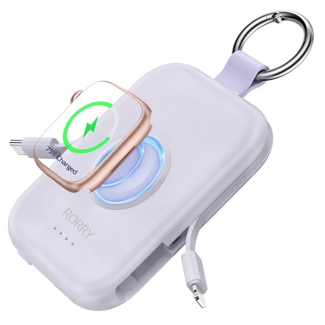 RORRY Portable Charger, 5000mAh Portable Charger Power Bank with Built-in Cables, Travel Keychain Battery Pack for Apple Watch Ultra/11/10/9/8/7/6/SE, iPhone Air/17/16/15/14/13/12, Black - product photo 4 of 5