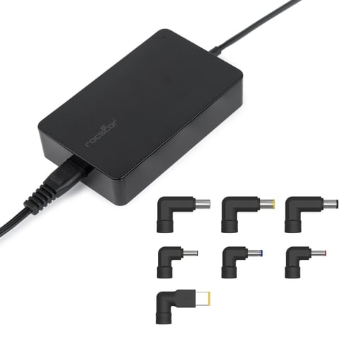 Universal 90W laptop charger with interchangeable tips laid out