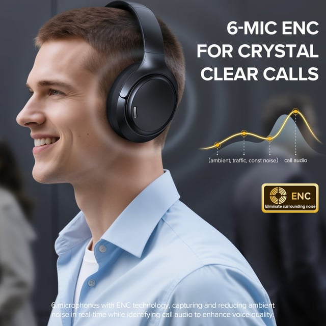 Hybrid Active Noise Cancelling Headphones 120H Playtime Wireless Headphones Bluetooth 6.0 Over Ear Headphones with 6 ENC HD Call Mic, Hi-Res 360° Spatial Audio ANC Headphone for Travel Workout Black - product photo 2 of 5