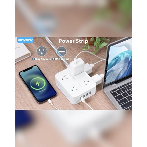 HANYCONY power strip in desk setup showing multiple device charging