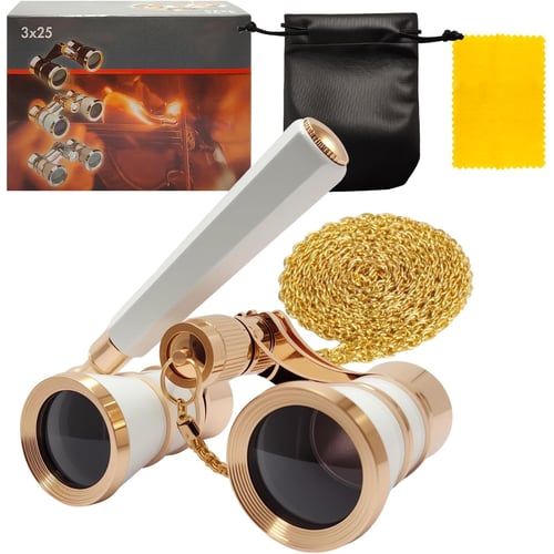 3X25 Opera Glasses in white with adjustable handle and chain