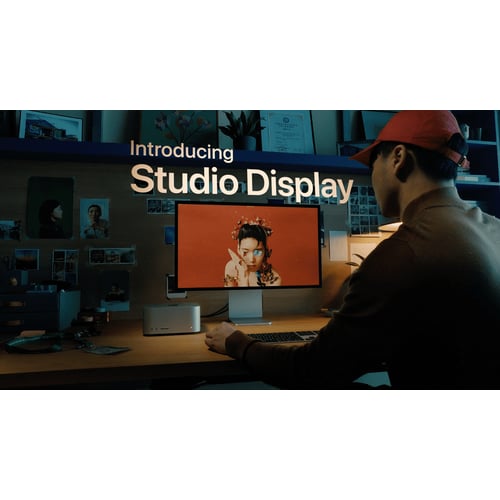 Apple Studio Display on desk setup with Mac