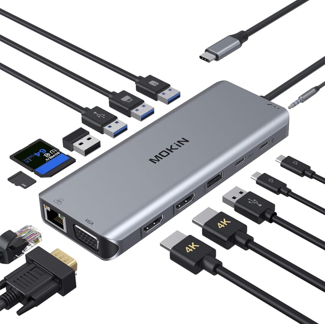 USB C Docking Station, 12-in-1 USB C Hub Dual Monitor with 2 HDMI, VGA, RJ45, 100W PD, USB-C Data, 2 USB 3.0, 2 USB 2.0, SD/TF Card Reader, for MacBook/Dell/HP/Lenovo - product photo 4 of 5