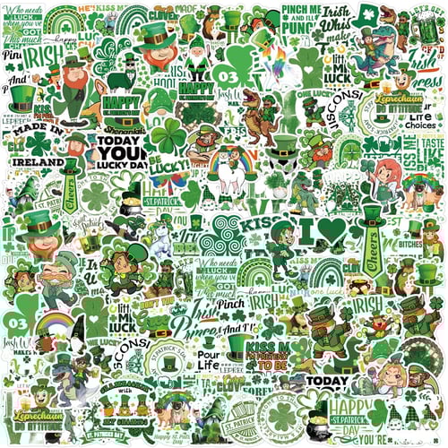 St. Patrick's Day 300 piece premium vinyl sticker pack showing shamrocks, leprechauns, and Irish themed designs