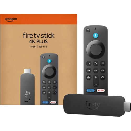 Fire TV Stick 4K Plus with remote and packaging
