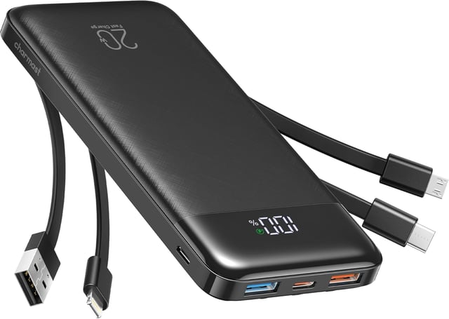 charmast Portable Charger with Built in Cables, Power Bank with Cords Wires, Slim 10000mAh Travel Battery Pack 6 Outputs 3 Inputs 3A Fast Charging for Samsung Google Pixel LG Moto iPhone iPad - product photo 3 of 5