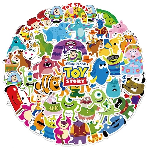 Close-up detail of individual cartoon stickers