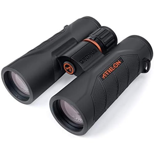 10x42 UHD Binoculars showing included accessories: carrying case, strap, and lens caps