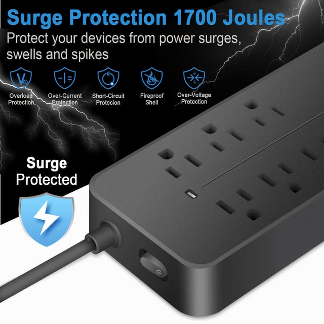Bawmwim Surge Protector Power Strip, 8 Outlets(1250W/10A), 6 USB Charging Ports(2 USB C), 6FT Flat Plug Extension Cord Outlet Extender with Overload Protection, ETL Certified for Office, Dorm Room - product photo 3 of 5