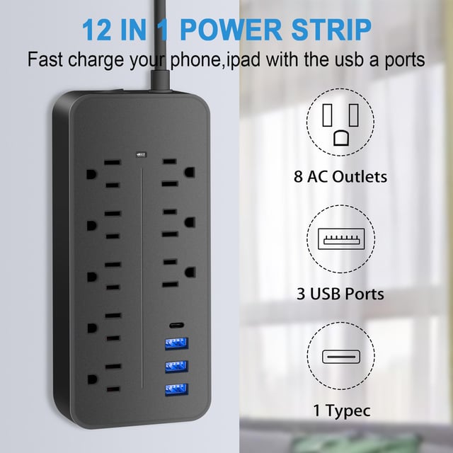 Bawmwim Surge Protector Power Strip, 8 Outlets(1250W/10A), 6 USB Charging Ports(2 USB C), 6FT Flat Plug Extension Cord Outlet Extender with Overload Protection, ETL Certified for Office, Dorm Room - product photo 2 of 5