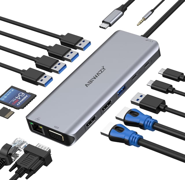 USB C Docking Station, 12-in-1 USB C Hub Dual Monitor with 2 HDMI, VGA, RJ45, 100W PD, USB-C Data, 2 USB 3.0, 2 USB 2.0, SD/TF Card Reader, for MacBook/Dell/HP/Lenovo - product photo 3 of 5