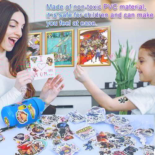 Anime stickers on laptop and bottle