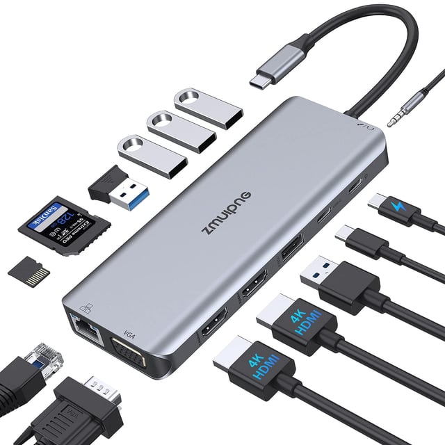 USB C Docking Station 3 HDMI, 12-in-1 Docking Station 3 Monitor with Triple HDMI,100W PD Charging, 10Gbps USB A/C 3.1, Gigabit Ethernet, SD/TF Card Reader for Dell/HP/Lenovo Laptops - product photo 5 of 5