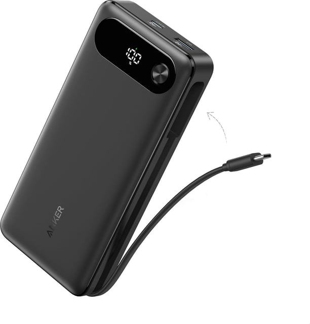 Anker Power Bank, 20,000mAh Travel Essential Portable Charger with Built-in USB-C Cable, 3-Port 87W Max Fast Charging Battery Pack, for MacBook, iPhone 16/15 Series, Samsung, Switch, and More
