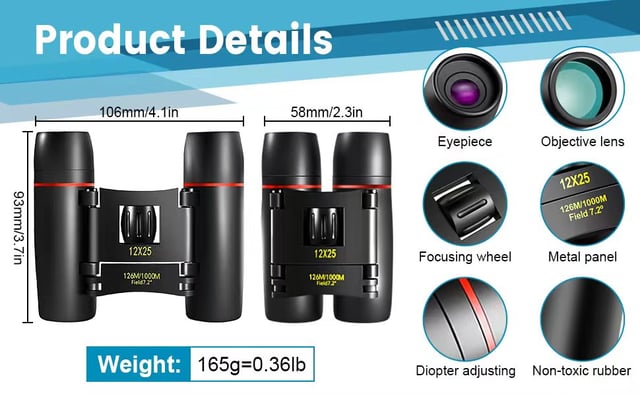 WRNRN 12X25 Mini Pocket Binoculars Compact, Small Lightweight Foldable for Adults Kids Bird Watching, Travel, Opera Concert, Hiking, Cruise, Football Game Green - product photo 4 of 5