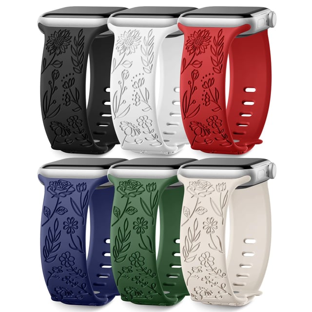 SNBLK 6 Pack Floral Engraved Bands Compatible with Apple Watch Bands 40mm 41mm 42mm 38mm 44mm 45mm 46mm 49mm Women Men, Silicone Flower Pattern Strap for iWatch Series 11 10 Se Ultra 9 8 7 6 5 4 3 2 1 - product photo 2 of 5