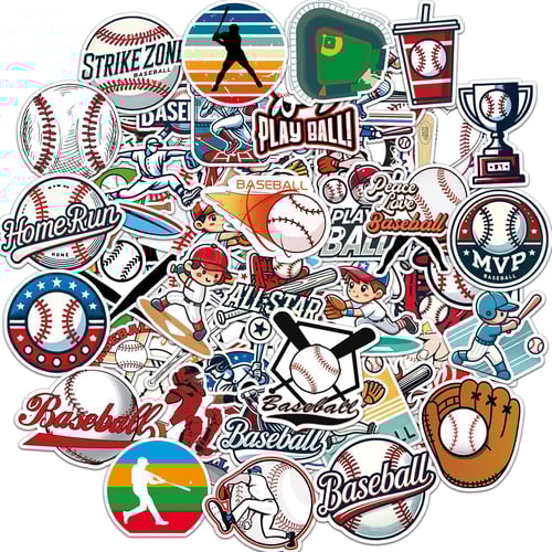 100 piece baseball sticker pack flat lay showing variety of designs