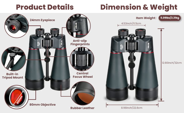 ESSLNB 25x70 Astronomy Binoculars Giant for Adults, Outdoor Waterproof Binoculars for Travel Stargazing Bird Watching Hunting with Built-in Tripod Adapter and Carrying Bag - product photo 4 of 5