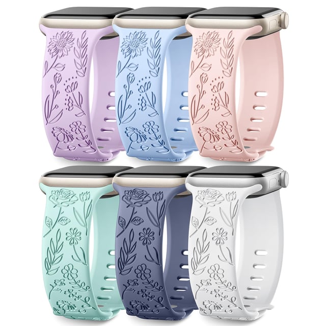 SNBLK 6 Pack Floral Engraved Bands Compatible with Apple Watch Bands 40mm 41mm 42mm 38mm 44mm 45mm 46mm 49mm Women Men, Silicone Flower Pattern Strap for iWatch Series 11 10 Se Ultra 9 8 7 6 5 4 3 2 1 - product photo 3 of 5