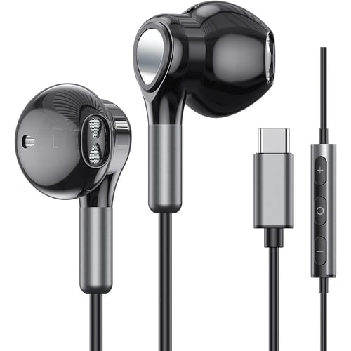 USB-C earbuds plugged into iPhone 15