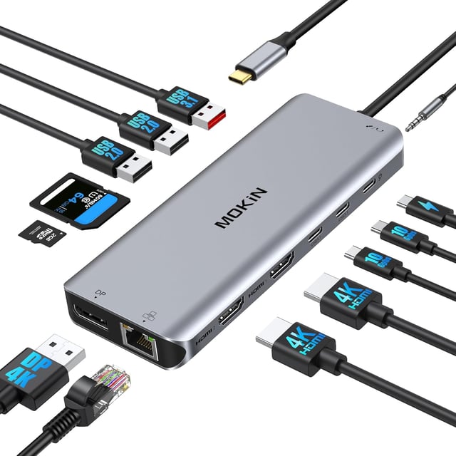 MOKiN 12-in-1 USB C Docking Station, 3 HDMI 4K@60Hz Triple Display Hub with 100W PD, 10Gbps USB-C/A Port, Gigabit Ethernet, SD/microSD Card Reader, Screen Control Button for Laptop Windows - product photo 4 of 5