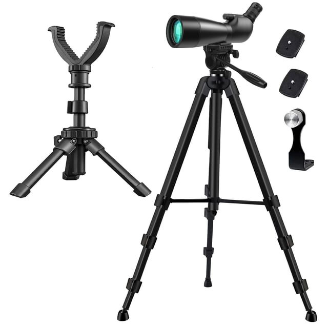 Spotting Scope Tripod, Shooting Tripod and Compact Shooting Stand Rest Hunting V Yoke, with Binoculars Adapter and Removable 360° Rotate Fluid Head, Perfect for Binoculars, Spotting Scope, Shooting - product photo 2 of 5