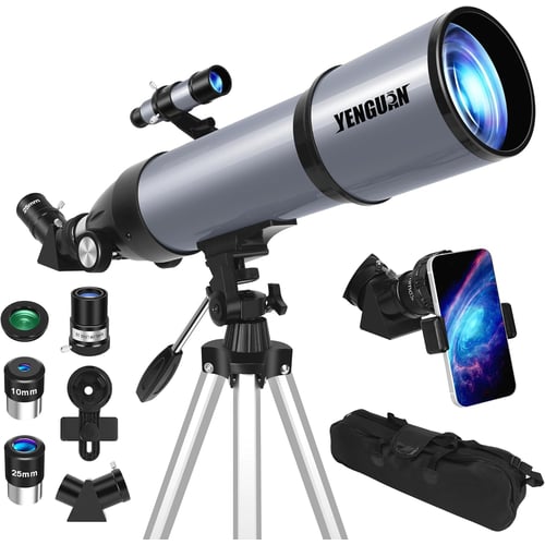 80mm beginner telescope in gray with tripod and accessories