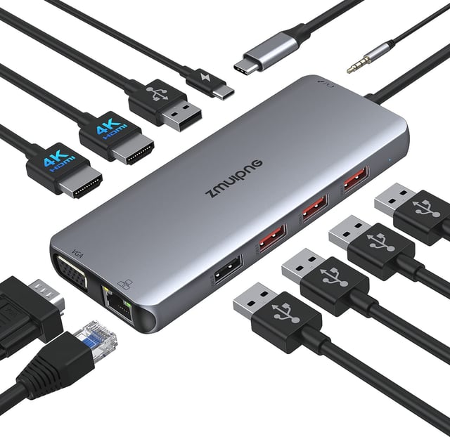 USB C Docking Station, 12-in-1 USB C Hub Dual Monitor with 2 HDMI, VGA, RJ45, 100W PD, USB-C Data, 2 USB 3.0, 2 USB 2.0, SD/TF Card Reader, for MacBook/Dell/HP/Lenovo - product photo 2 of 5
