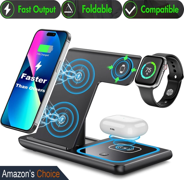 Wireless Charger iPhone Charging Station: 3 in 1 Charger Stand Multiple Devices for Apple - iPhone 17 16e 16 15 14 Pro Max 13 12 11 - Watch 11 10 9 8 7 6 5 4 3 2 SE and Ultra Series - Airpods 4 3 Pro - product photo 2 of 5