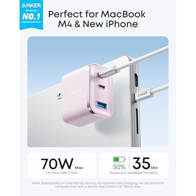 Anker Nano Charger, Ultra-Fast 70W Output 3-Port USB C Charger Block, Fast Charging, Compact and Stylish, for iPhone 17/16 Series, MacBook, iPad, Pixel, Galaxy, and More(Black, Cable Included) - product photo 4 of 5
