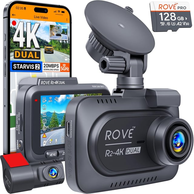 ROVE R2-4K DUAL Dash Cam Front and Rear, STARVIS 2 Sensor, FREE 128GB Card Included, 5G WiFi - up to 20MB/s Fastest Download Speed with App, 4K 2160P/FHD Dash Camera for Cars, 3" IPS, 24H Parking Mode - product photo 4 of 5