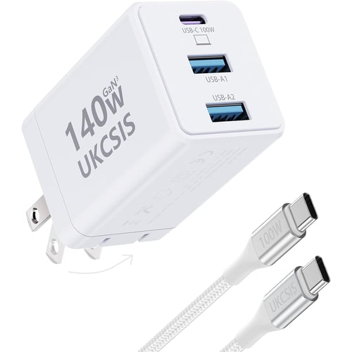 140W USB-C Fast Charger with foldable plug in white