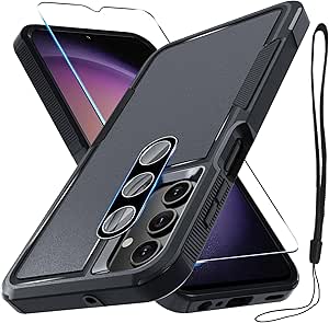 RMOCR Case for Samsung Galaxy S24 FE, Full Body Heavy Duty Rugged Shockproof Protective Phone Cover with Lanyard Strap, Tempered Glass Screen Protector and Camera Lens Cover, Black Matte - product photo 3 of 5
