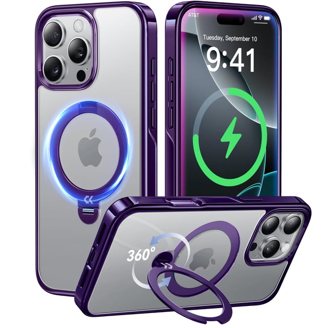 CASEKOO Royal Purple Titanium for iPhone 14 Pro Max Case with 360° Spin Magnetic Stand [Fit for MagSafe][16FT Military Protection] Polished Clear Frame Titanium Alloy Sturdy Stand 6.7'', Deep Purple - product photo 3 of 5