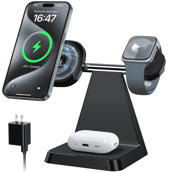 2026 Traveling Wireless Mag-Safe Fast Charging Station,Magnetic 3 in 1 Charger with Light for iPhone 17 16 15 14 13 12 Pro Max Plus,Apple Watch & Air pods 4 3 2 Pro-Gifts for Wife & Husband(Black) - product photo 5 of 5