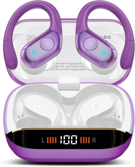 Qecnato Wireless Earbuds Bluetooth 5.4 Headphones 75H Stereo Deep Bass Sports Over Ear Buds with Earhooks, LED Display Bluetooth Earbuds with 4 ENC Mic, IP7 Waterproof Earphone for Running, Black - product photo 3 of 5