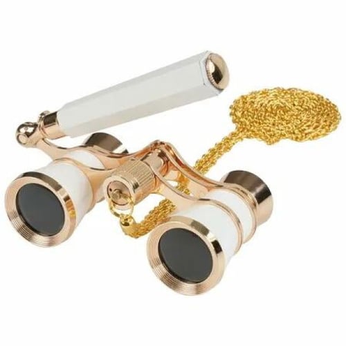White opera glasses shown folded with handle and chain detail