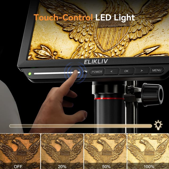 Elikliv 4K 3-Lens Digital Microscope: TL301-Magnetic Coin Microscope Magnifier Full Coin View, Soldering Microscopes for Adults with 7" IPS Screen, Side Lights, 10" Stand, PC/TV Compatible, 64GB - product photo 4 of 5