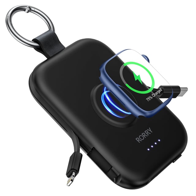 RORRY Portable Charger, 5000mAh Portable Charger Power Bank with Built-in Cables, Travel Keychain Battery Pack for Apple Watch Ultra/11/10/9/8/7/6/SE, iPhone Air/17/16/15/14/13/12, Black - product photo 3 of 5
