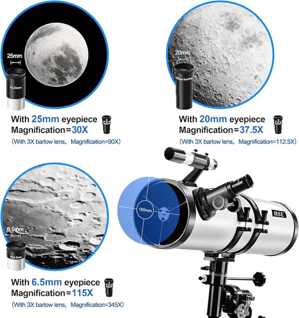 MEEZAA Telescope, 150EQ Newtonian Reflector Telescope for Adults Astronomy Beginners, Professional Astronomical Telescopes with Equatorial Mount, Phone Adapter, Tripod, Moon Filter and Large Carry Bag - product photo 4 of 5