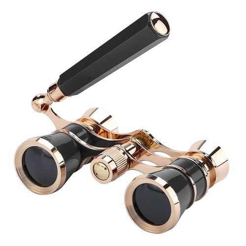 Opera glasses showing foldable handle mechanism and chain strap