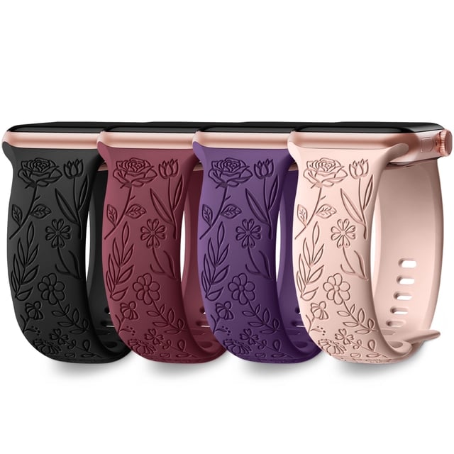 SNBLK 6 Pack Floral Engraved Bands Compatible with Apple Watch Bands 40mm 41mm 42mm 38mm 44mm 45mm 46mm 49mm Women Men, Silicone Flower Pattern Strap for iWatch Series 11 10 Se Ultra 9 8 7 6 5 4 3 2 1 - product photo 4 of 5