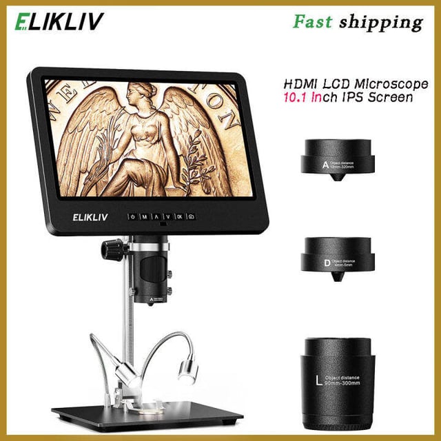 Elikliv 4K 3-Lens Digital Microscope: TL301-Magnetic Coin Microscope Magnifier Full Coin View, Soldering Microscopes for Adults with 7" IPS Screen, Side Lights, 10" Stand, PC/TV Compatible, 64GB - product photo 3 of 5