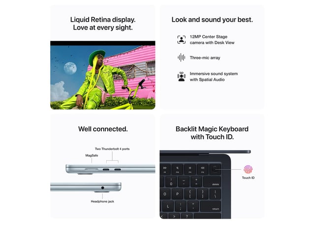 Apple 2025 MacBook Air 15-inch Laptop with M4 chip: Built for Apple Intelligence, 15.3-inch Liquid Retina Display, 16GB Unified Memory, 512GB SSD Storage, 12MP Center Stage Camera, Touch ID; Midnight - product photo 4 of 5