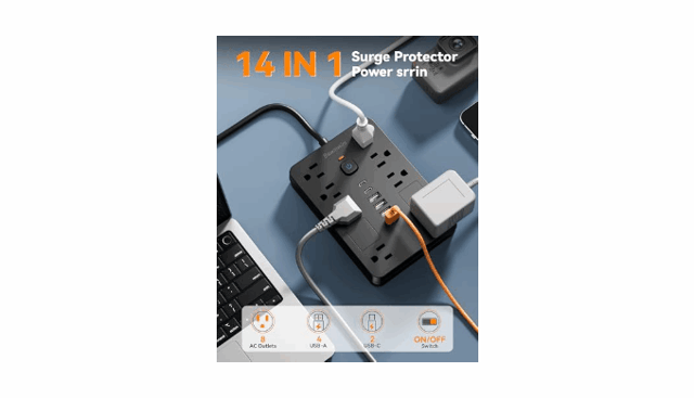 Bawmwim Surge Protector Power Strip, 8 Outlets(1250W/10A), 6 USB Charging Ports(2 USB C), 6FT Flat Plug Extension Cord Outlet Extender with Overload Protection, ETL Certified for Office, Dorm Room - product photo 5 of 5