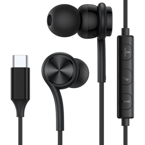 USB-C earbuds inline microphone and controls detail
