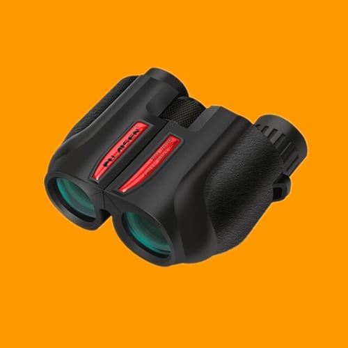 Compact pocket binoculars folded and ready for carry