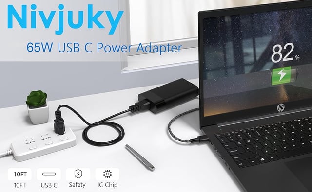 WZXHU Slim 65W USB C Laptop Charger Compatible with HP Spectre x360, Envy, Elitebook x360, Omnibook, Pavilion, Chromebook, Elite x2 Travel Type C Power Cord Ac Adapter - product photo 3 of 5
